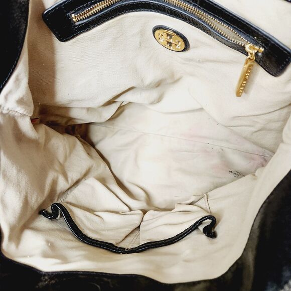 Tory Burch Black Patent Leather Snakeskin Trim Gold Hardware Shoulder Bag Tote - Picture 16 of 16